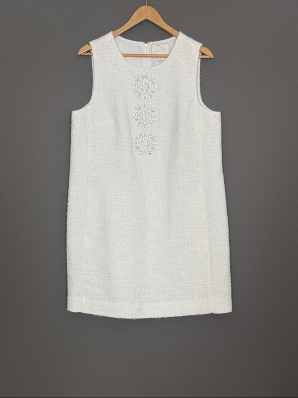 Lilly Pulitzer Edita Shift Dress White Bouclé Tweed Beaded Quiet Luxury 12